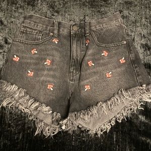 Embroidered Mushroom High Rise Black Shorts